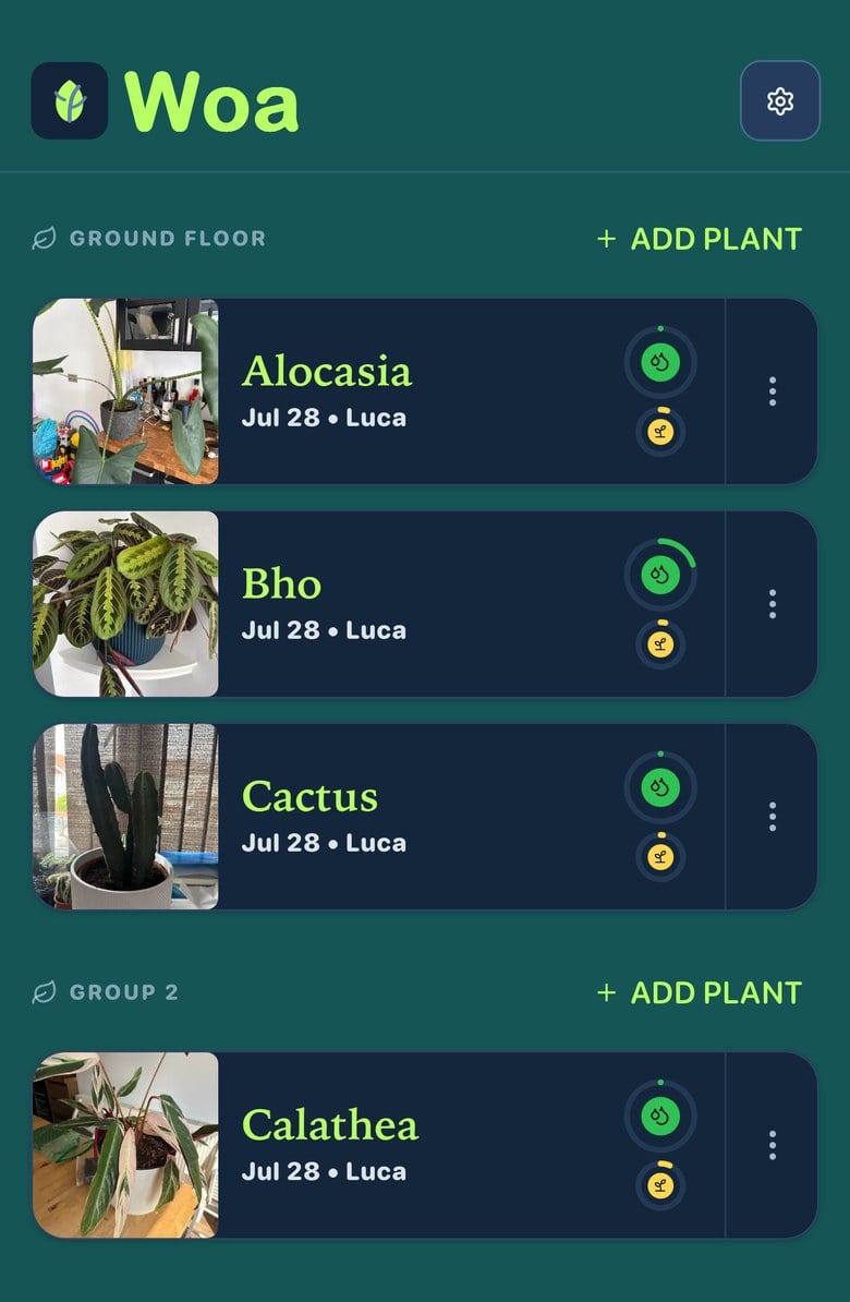 The Woa app: a list of plant cards with photos, happy and thirsty faces, and who watered each plant last